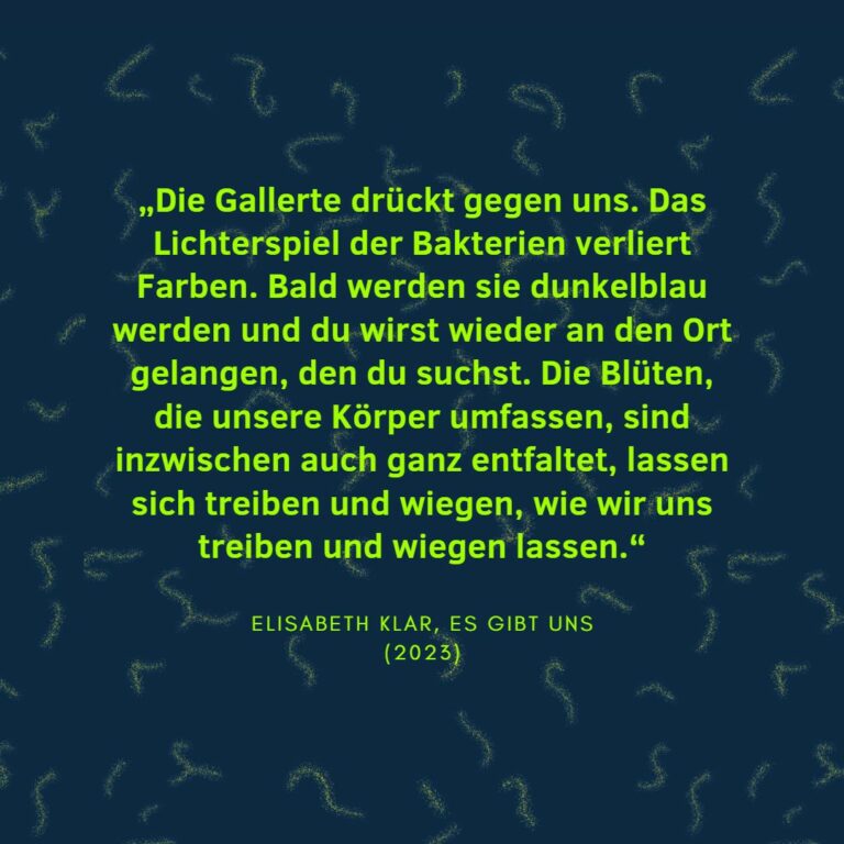 „Die Gallerte drückt gegen uns. Das Lichterspiel der Bakterien verliert Farben. Bald werden sie dunkelblau werden und du wirst wieder an den Ort gelangen, den du suchst. Die Blüten, die unsere Körper umfassen, sind inzwischen auch ganz entfaltet, lassen sich treiben und wiegen, wie wir uns treiben und wiegen lassen.“ Elisabeth Klar, Es gibt uns (2023)